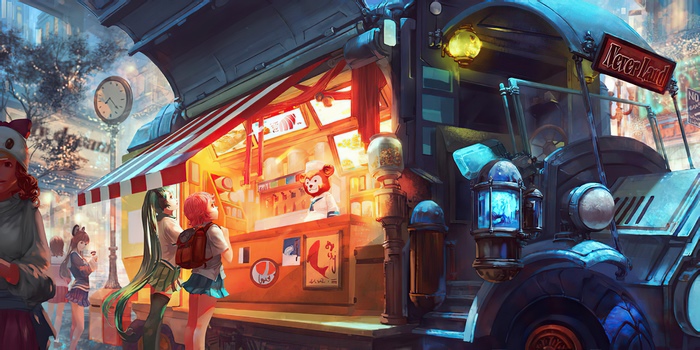 Anime characters at a food truck in Never Land