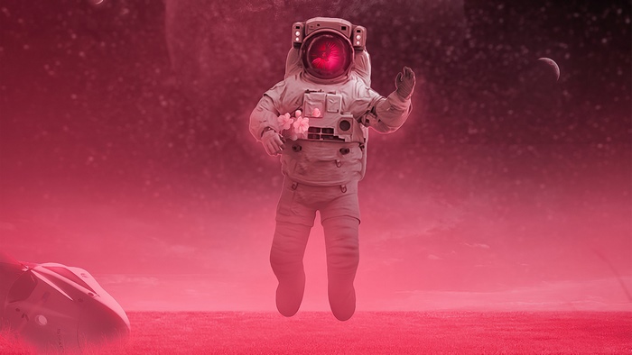 Astronaut holding flowers in space with planets