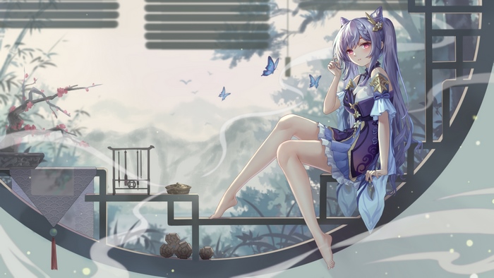 Keqing from Genshin Impact sitting by a window