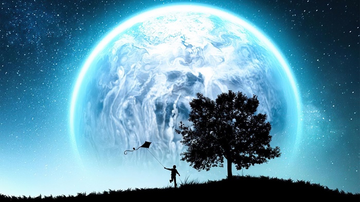 Digital art of a person flying a kite under a large moon