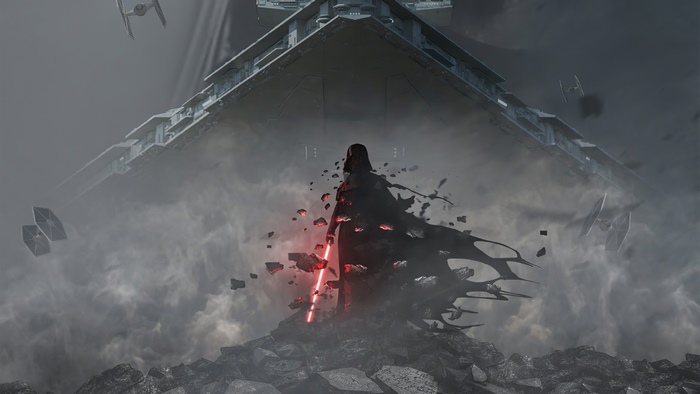 Darth Vader from Star Wars with a Star Destroyer