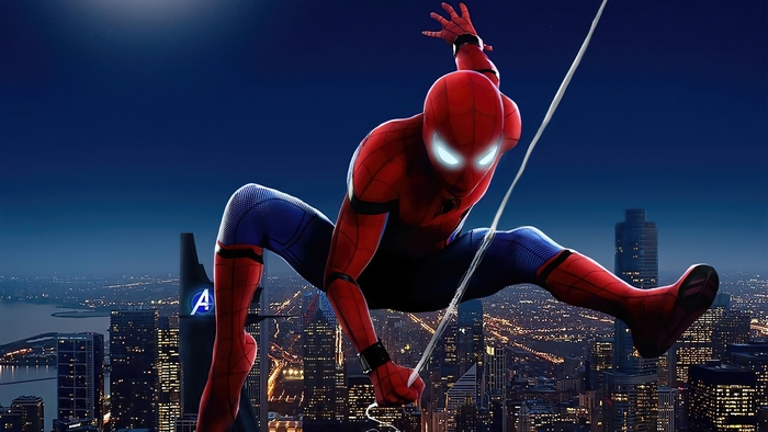 Spider-Man swinging through a city at night