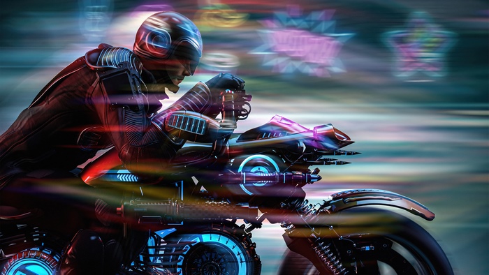 Sci-fi motorcycle rider in futuristic city