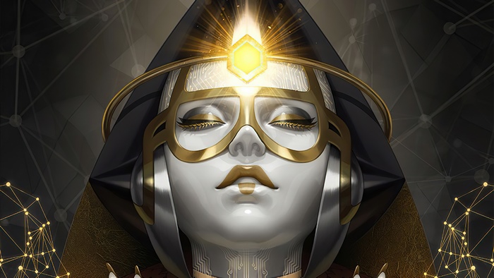 Artwork of a stylized, robotic figure with golden accents