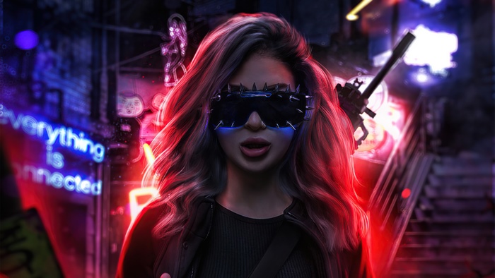 Cyberpunk woman with spiked goggles and gun