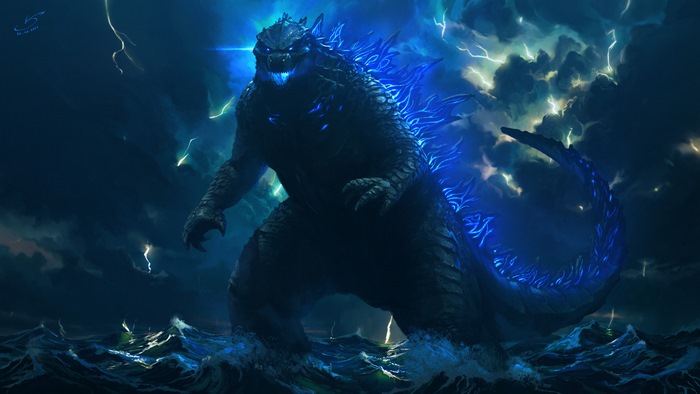 Godzilla in a stormy sea with lightning