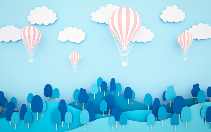 Hot air balloons and clouds over a blue forest