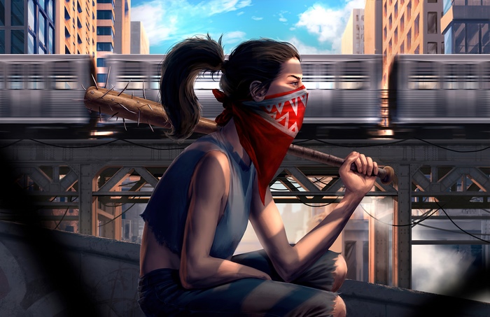 Girl with spiked bat on a train bridge