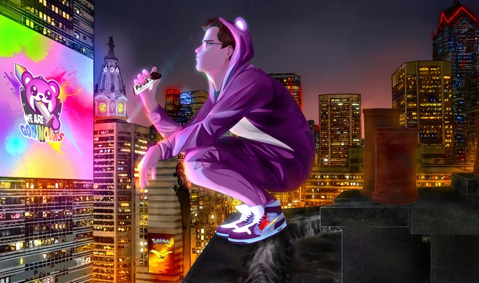Man in purple onesie on rooftop with city background
