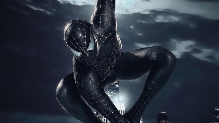 Black Spiderman hanging in the city at night