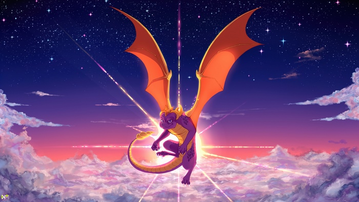 Spyro the Dragon flying in a starry sky