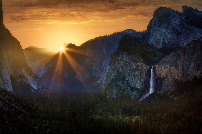 Yosemite National Park Mountains Waterfall Sunset