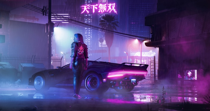 Woman in leather jacket and cyberpunk car in rain