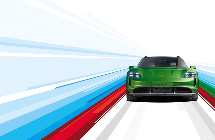 Green Porsche Taycan Turbo S on abstract background