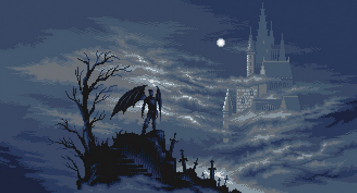 Winged Figure and Castle in Foggy Night Sky
