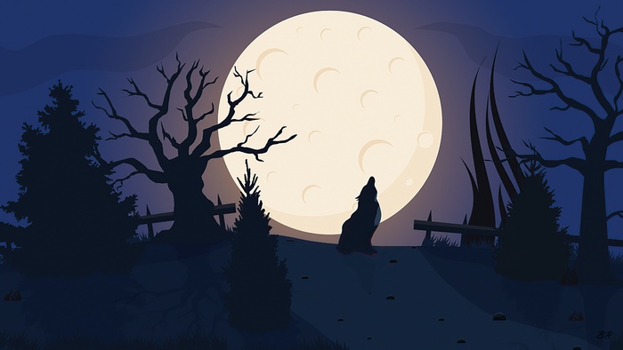 Minimalist wolf howling at the moon digital art