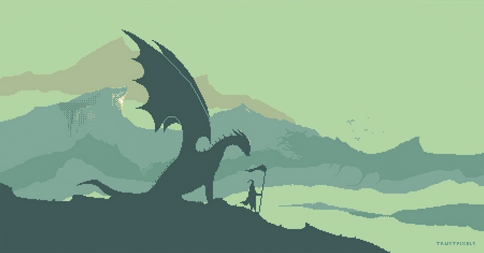 Pixel art dragon and wizard on a mountain