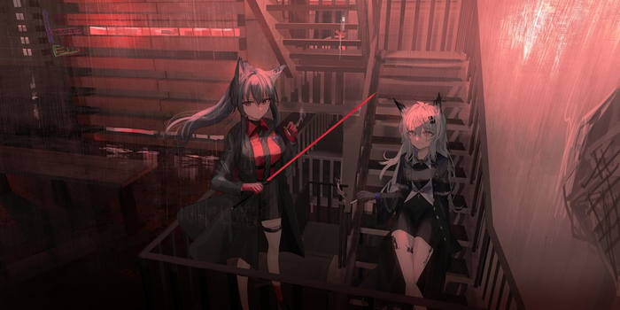 Arknights characters with cat ears holding weapons