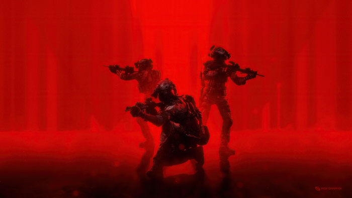 Three soldiers in red lighting