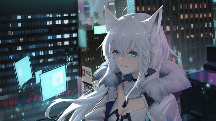 Shirakami Fubuki from Hololive in a futuristic city