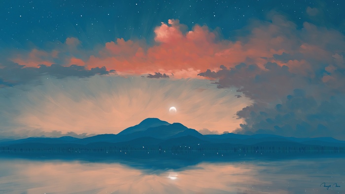 Digital art of a mountain landscape at sunset