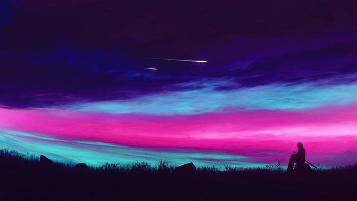 Silhouette of a person with a sword against a colorful sky