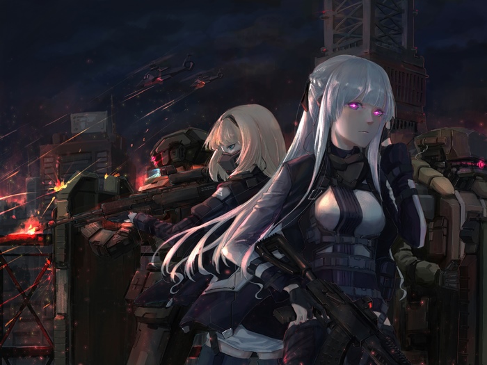 Anime girls with guns in a war-torn city