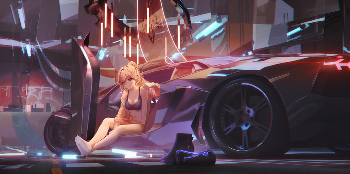Anime girl sitting by a futuristic car