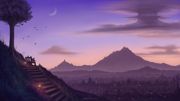 Fantasy landscape with mountains and city at dusk