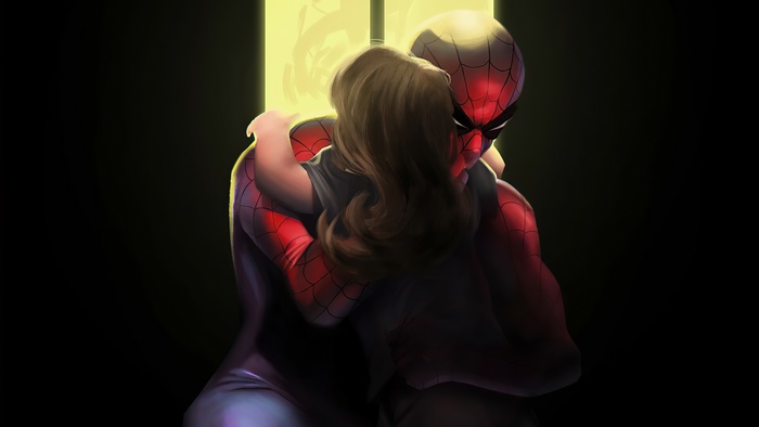 Spider-Man hugging a young girl