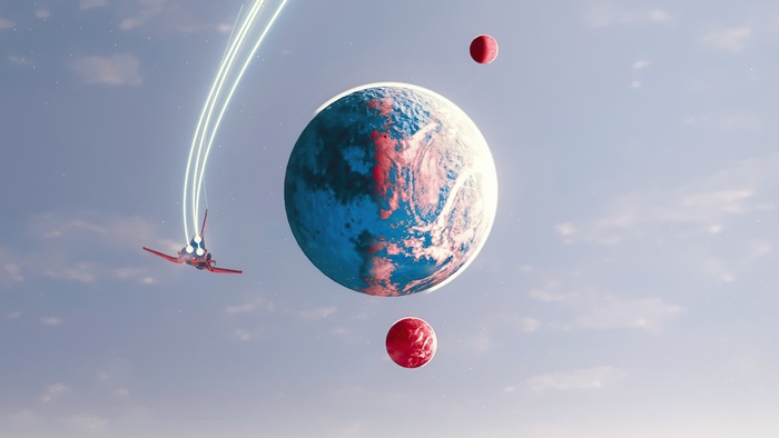 Spaceship near planets in No Man's Sky