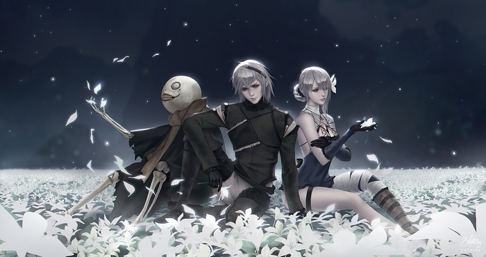 Characters from Nier Automata in a field of flowers