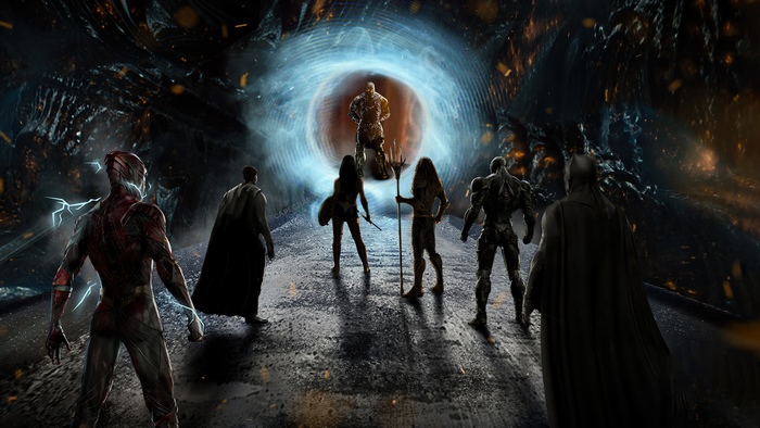 Justice League facing Darkseid through a portal