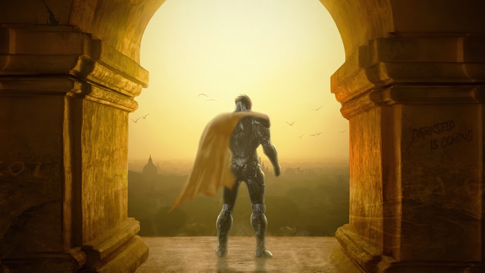 Cyborg from Justice League standing at an archway