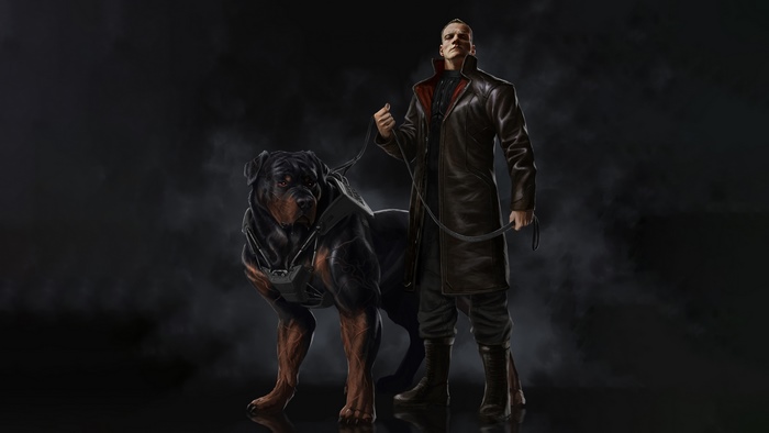 Man with Rottweiler on leash