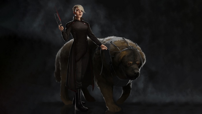 Woman with a weapon and a large dog