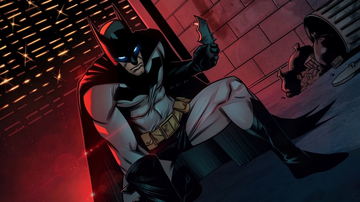 Batman holding a Batarang in an alley