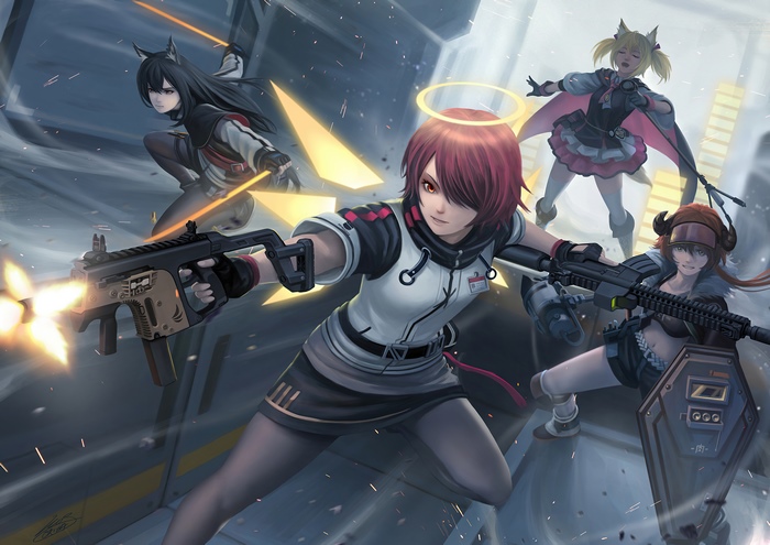 Four anime girls with guns in a battle