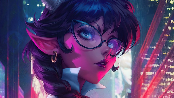 Artwork of a woman with horns and glasses