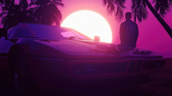 Retro Car and Palm Trees at Synthwave Sunset
