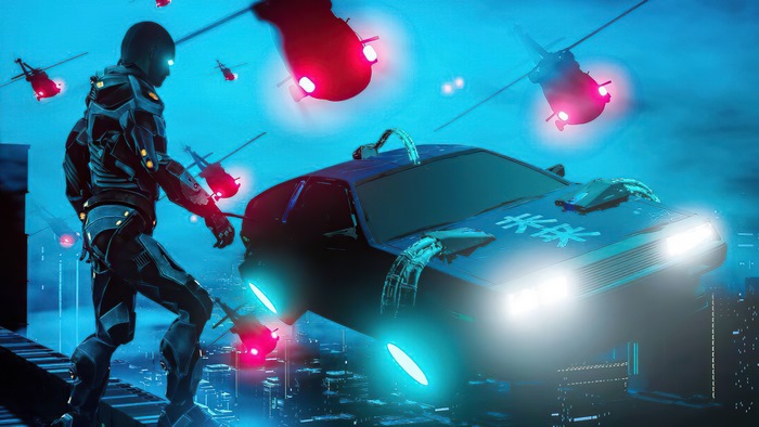 Cyberpunk character and flying police car