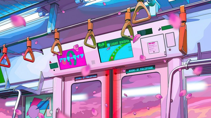 Anime train interior with cherry blossoms and digital displays