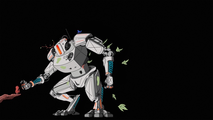 Robot with plants and butterflies on black background