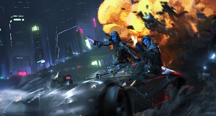 Two blue-skinned figures in a futuristic vehicle during an explosion