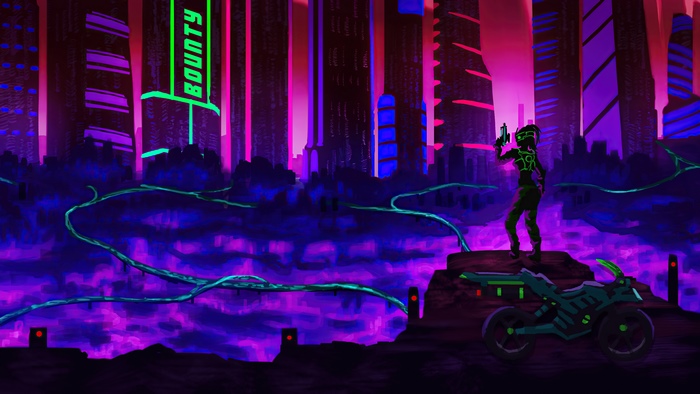 Cyberpunk bounty hunter with motorcycle in neon city