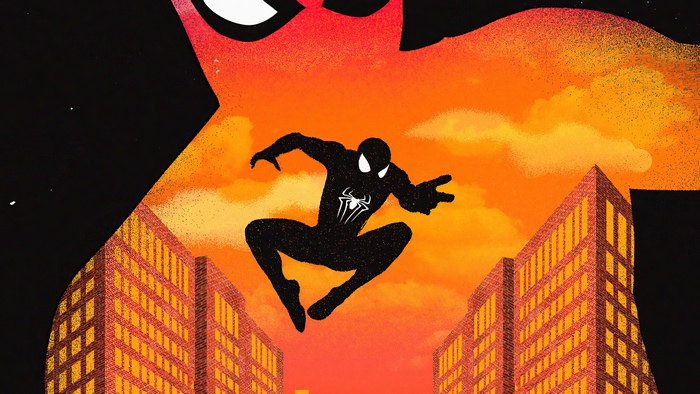 Spider-Man silhouette leaping between buildings at sunset