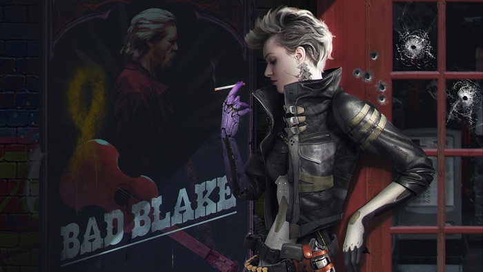Sci-fi warrior smoking in front of Bad Blake poster