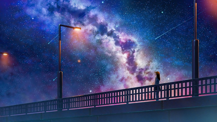 Anime girl on a bridge under a starry sky