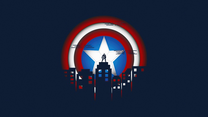 Captain America minimalist illustration over city skyline