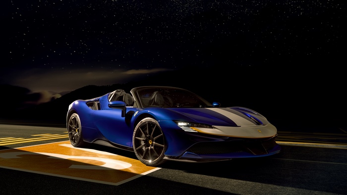 Blue Ferrari SF90 Spider with White Stripes